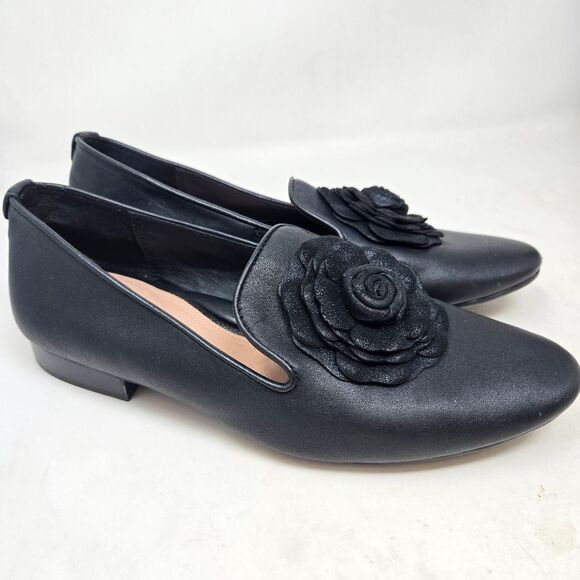 TARYN ROSE Brayden Elegant Black Leather Floral Women's Loafers Size 8B - Picture 1 of 7